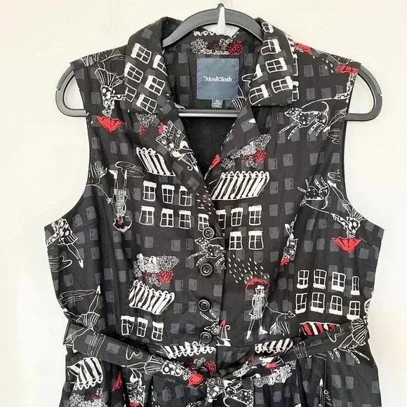ModCloth Community Brunch Belted Sleeveless Shirt Dress XL Black - Picture 4 of 13